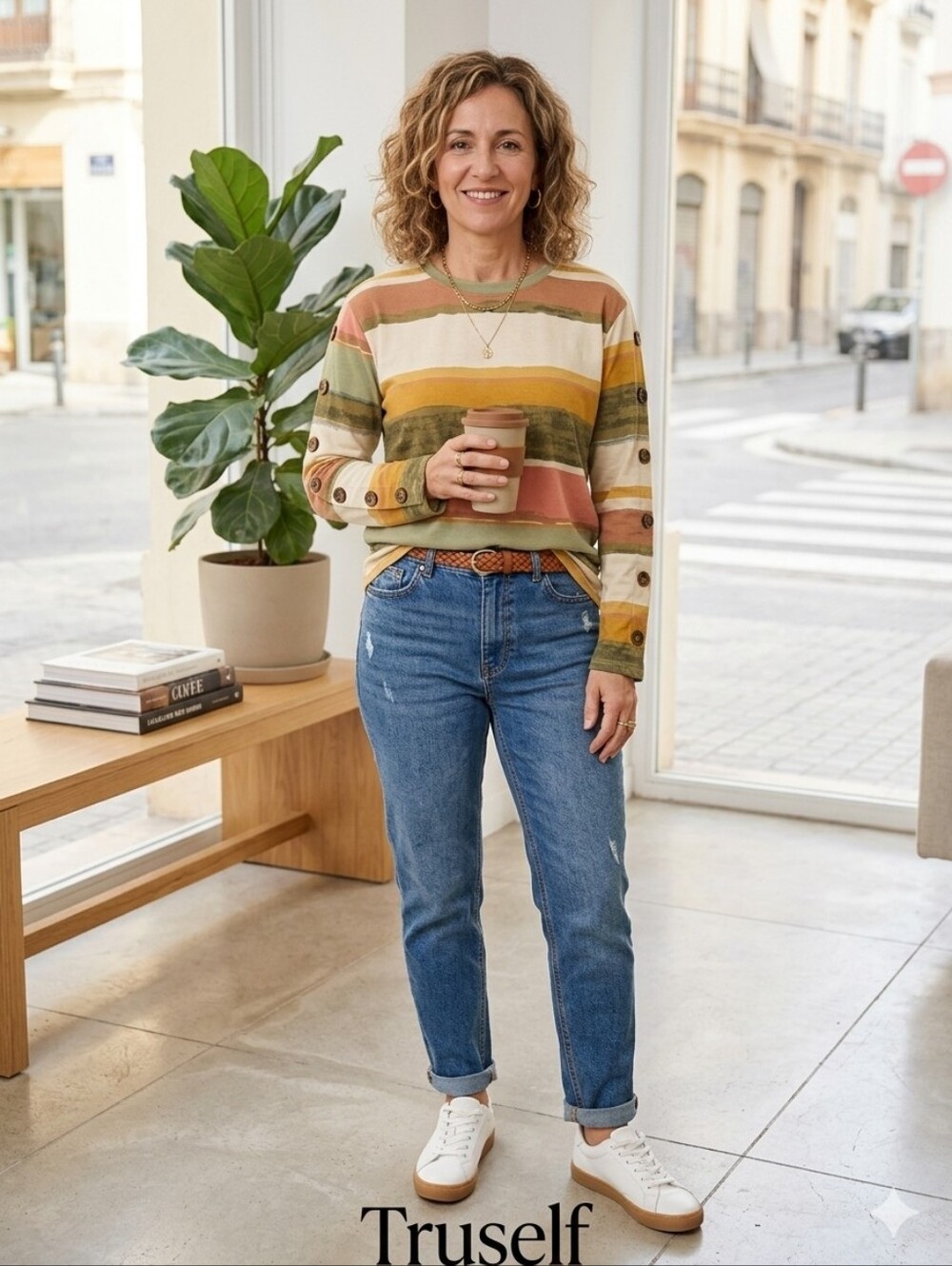 Truself Long Sleeve Tee Size S Beige Green Striped Button Detail P2p 20